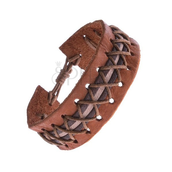 Leather bracelet - caramel brown, decorative stripe, crossed laces