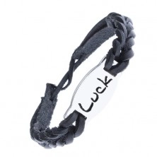 Leather plaited bracelet, steel decoration "LUCK"