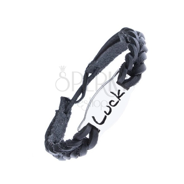 Leather plaited bracelet, steel decoration "LUCK"