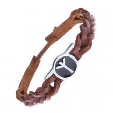 Braided leather bracelet, metal tag, runes, Algiz