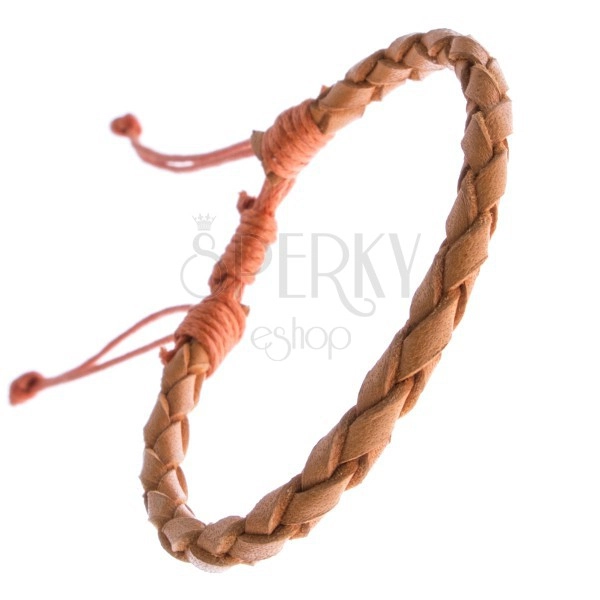 Leather bracelet - braid in caramel colour, laces