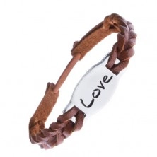 Leather bracelet - caramel brown with steel tag LOVE