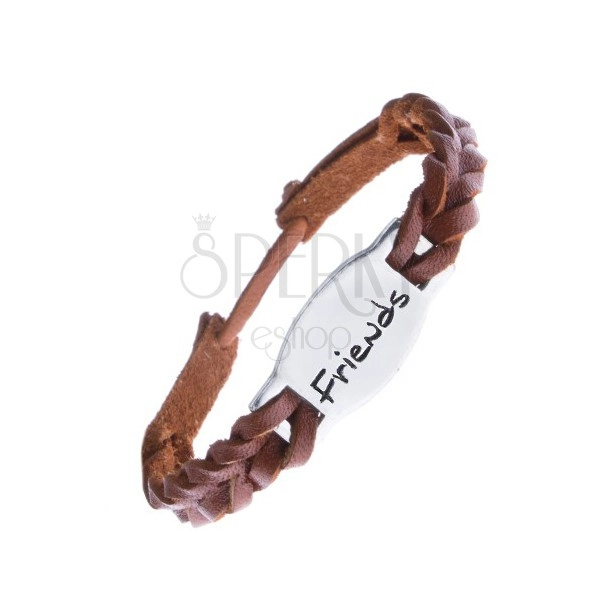 Leather bracelet - caramel brown, steel tag FRIENDS