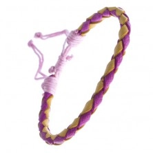 Leather bracelet in pink and yellow, braided with laces