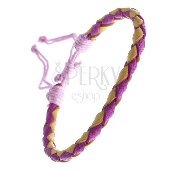 Leather bracelet in pink and yellow, braided with laces