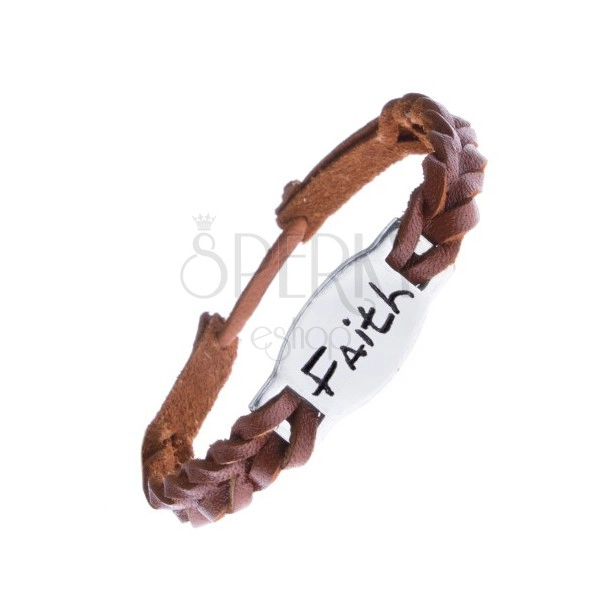 Narrow braided leather bracelet - caramel brown, steel tag "FAITH"
