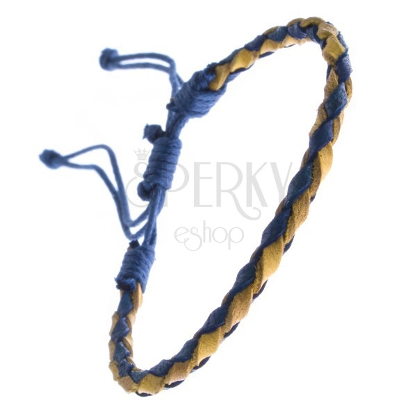 Leather bracelet - oval braid with laces, blue and yellow
