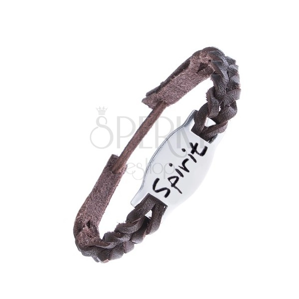 Dark brown leather bracelet - braided with steel tag "Spirit"