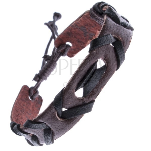 Brown leather bracelet with interlaced black string