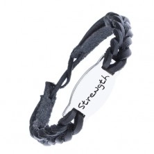 Black leather bracelet - plait with shiny tag "STRENGTH"