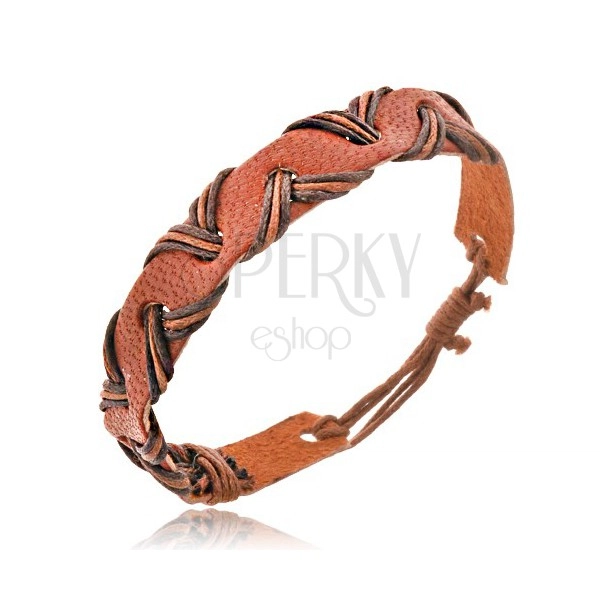 Leather bracelet - caramel brown, strings in a wave