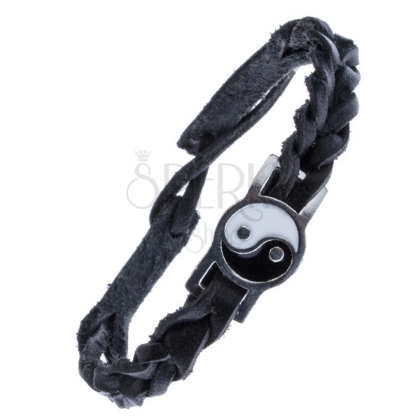 Black leather bracelet - braided with Yin Yang tag