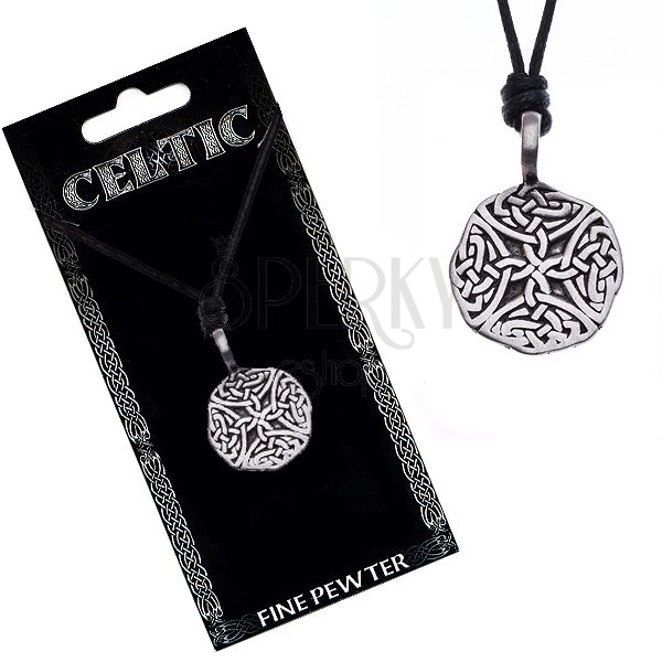 String necklace – black, round pendant, Celtic knots