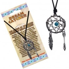 Black necklace -  round dreamcatcher, blue bead in the middle