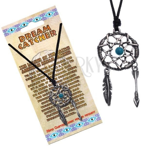 Black necklace -  round dreamcatcher, blue bead in the middle
