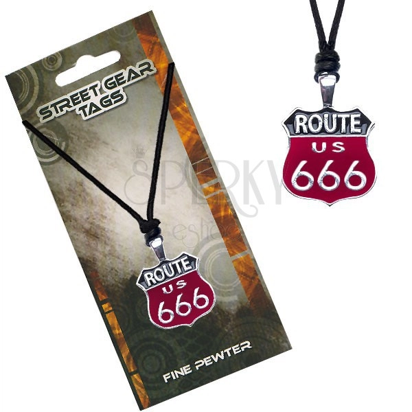 Black and red string necklace, sign Route 666