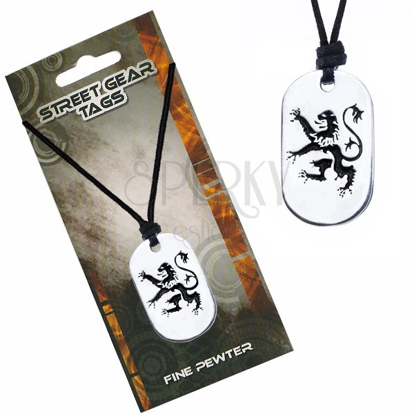 String necklace, metal tag, lion theme