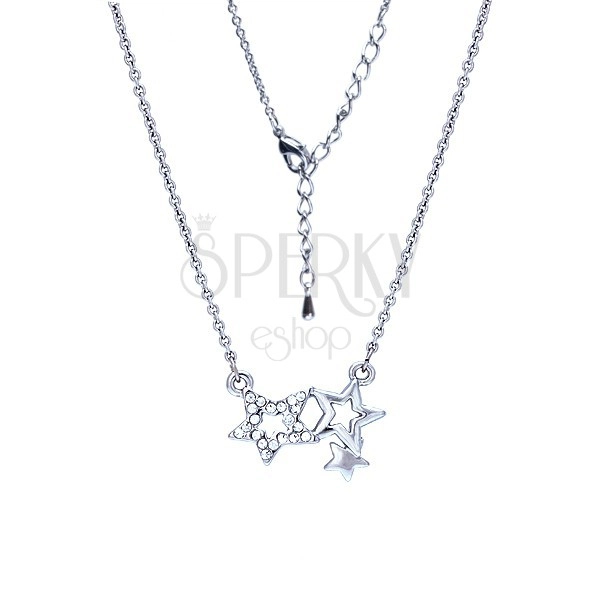 Silvern rhodium plated chain, pendant of three stars with zircons