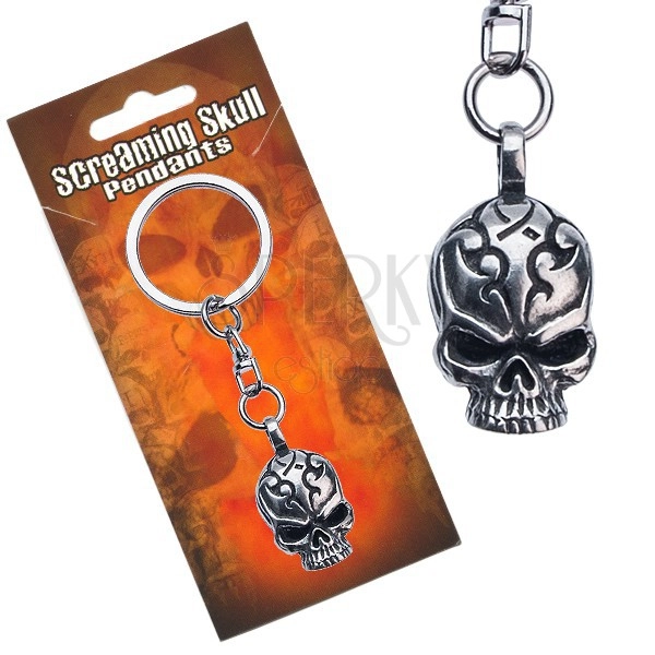 Keychain made of steel, skull with engraved ornaments
