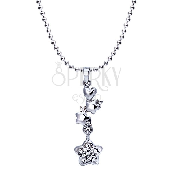 Rhodium plated necklace - shiny balls, heart, stars with zircons