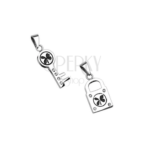Stainless steel pendants - key and padlock with four-leaf clover