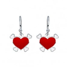 Silver dangling earrings - red hearts, pirate motif