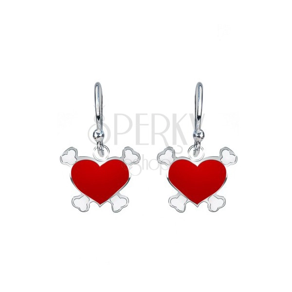 Silver dangling earrings - red hearts, pirate motif