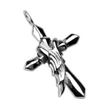 Steel pendant of silver colour - cross with angel wing