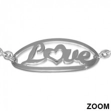 Steel bracelet with inscription LOVE and pendants with ornaments