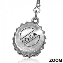 Dangling metal earring with bent metal strip from bottle, COCA
