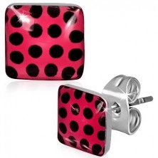 Red-pink square earrings made of steel with black dots
