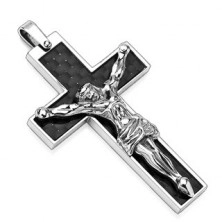 Stainless steel pendant - black cross with silver Jesus