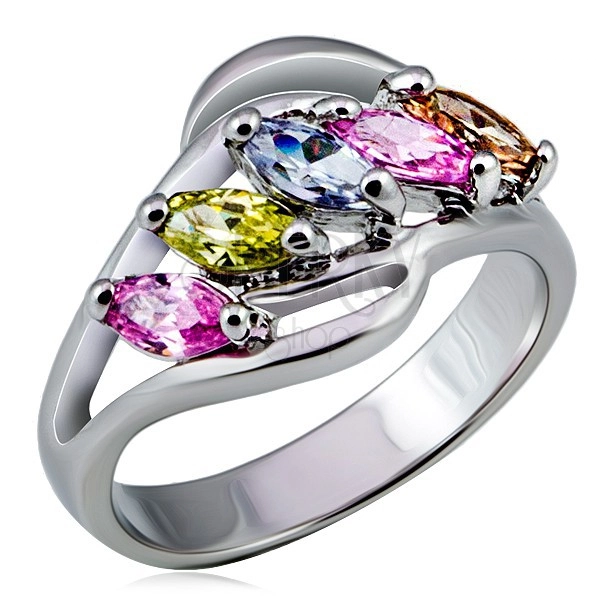 Metal ring, branched arms with colourful zircons in row