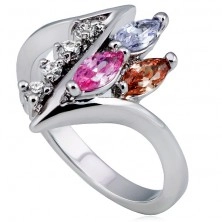 Glossy ring, sharp twisted line with clear and colourful zircons