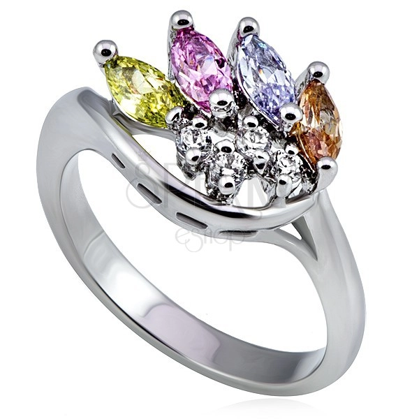 Silver metal ring, crown made of colourful and clear zircons