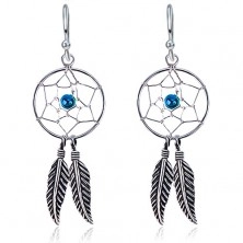 Silver earrings 925 with round dream catcher, blue ball, feathers