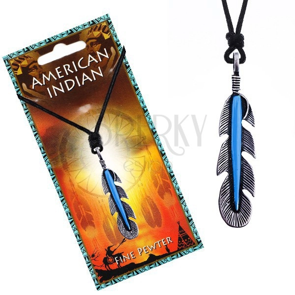 String necklace - black, Native American feather with blue stripe