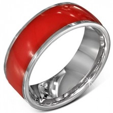Steel ring - glossy red wedding ring, silver edges, 8 mm