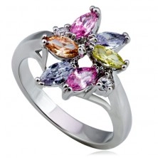 Shiny metal ring - flower, colourful tear-shaped and round zircons