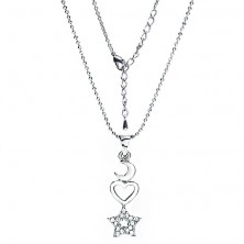 Rhodium plated chain and pendant of moon, heart and zircon star