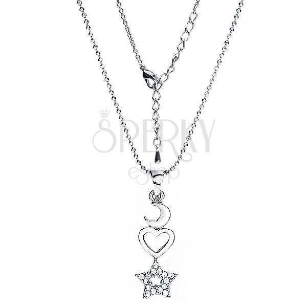 Rhodium plated chain and pendant of moon, heart and zircon star