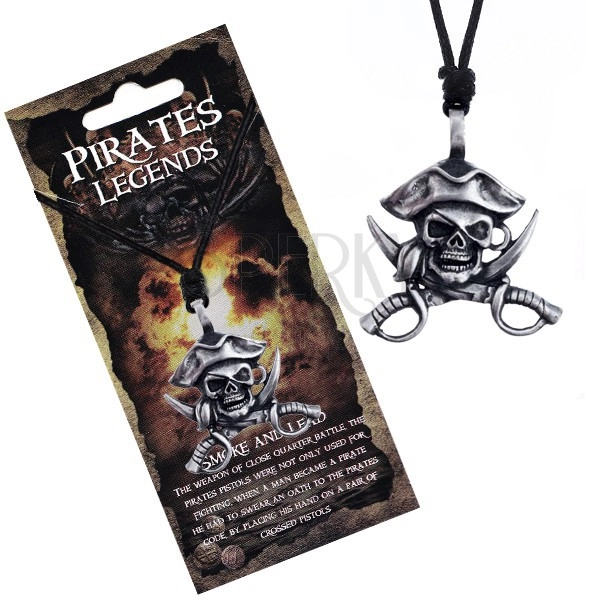 Black necklace - metal pirate skull, hat and sword