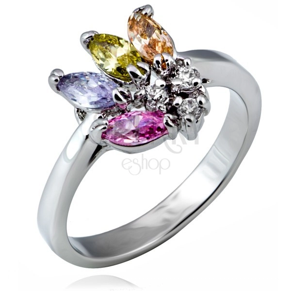 Shiny ring made of metal - fan of colourful grain-shaped zircons