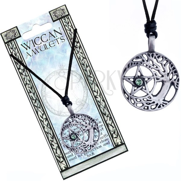 Necklace - black string and metal Druidess tree, pentagram