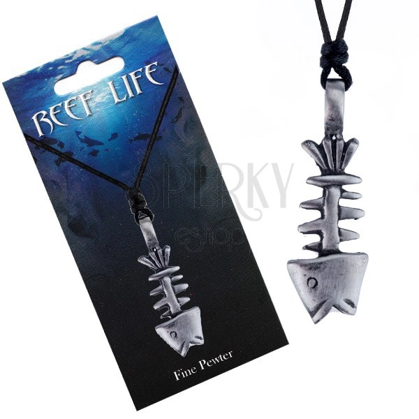 Necklace - string and metal pendant, patinous fish skeleton