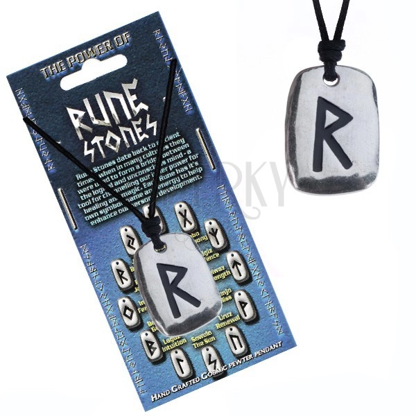 Necklace on string and metal tag, rune Raido