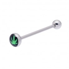 Steel tongue piercing - marijuana leaf on a black background