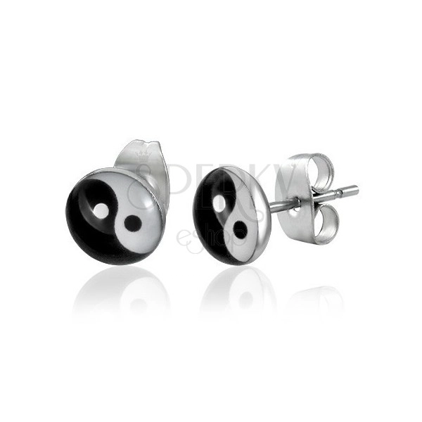 Round steel earrings - Yin Yang symbol, stud closure