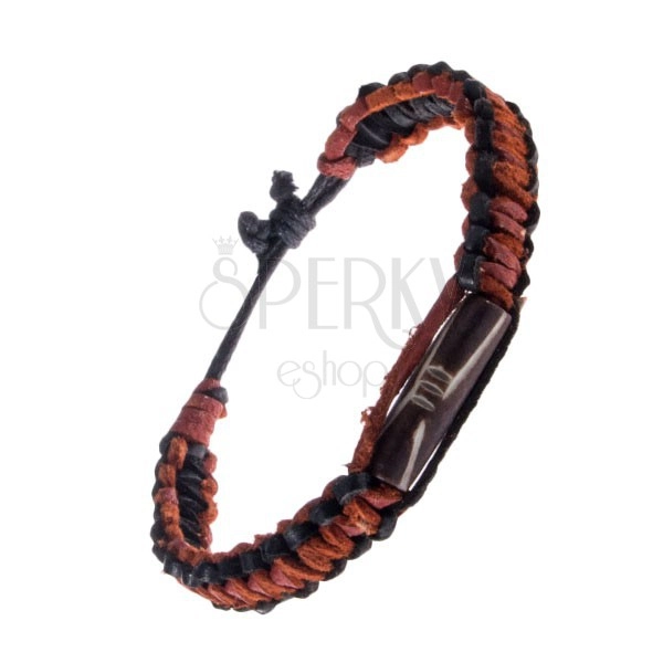 Leather wrist bracelet - plaited, two-coloured, brown decorative cylinder