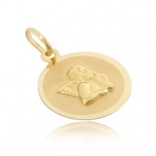 Gold 14 karat round pendant - matt surface with 3D angel
